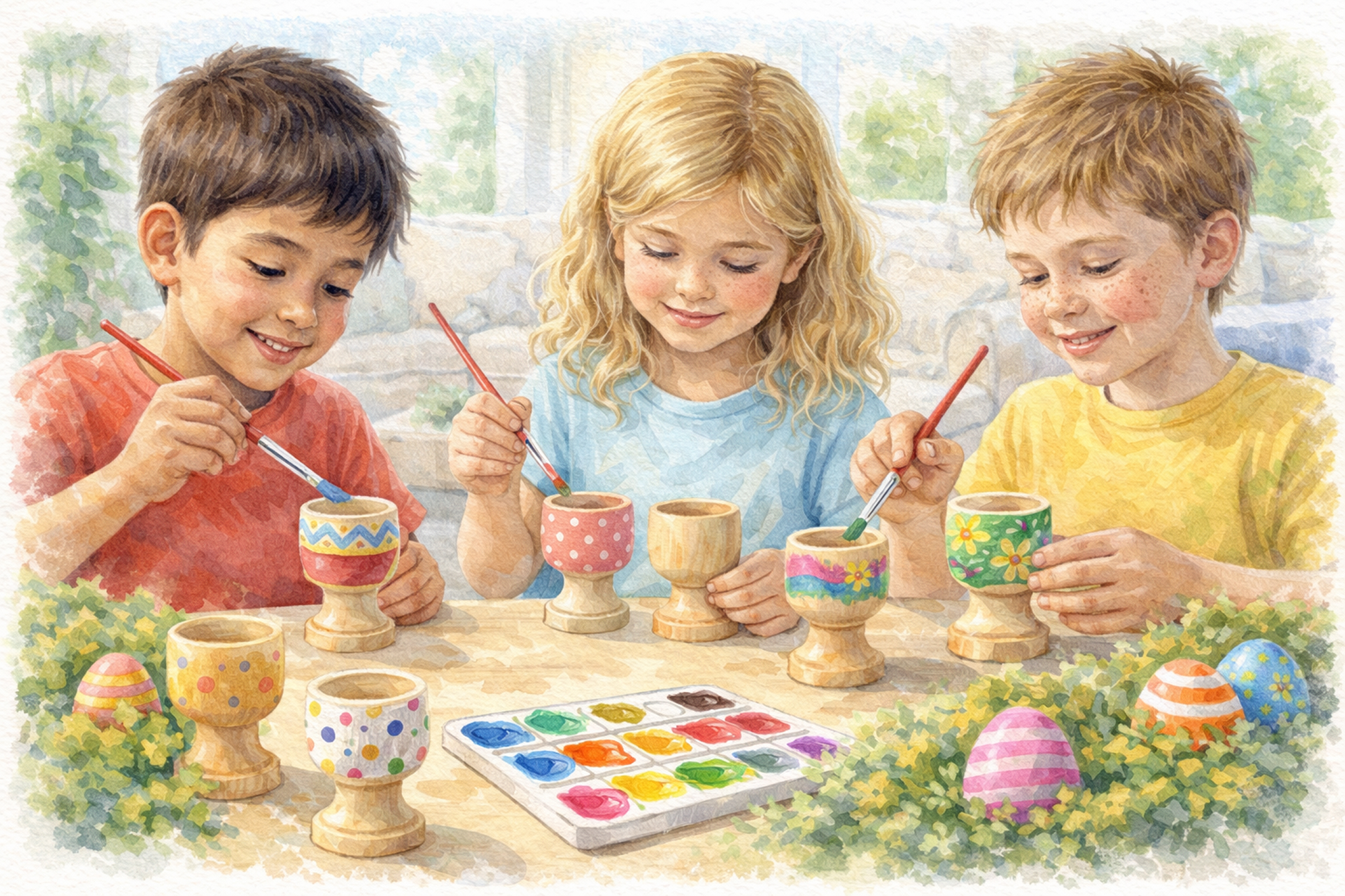 Illustration of Children painting egg cups